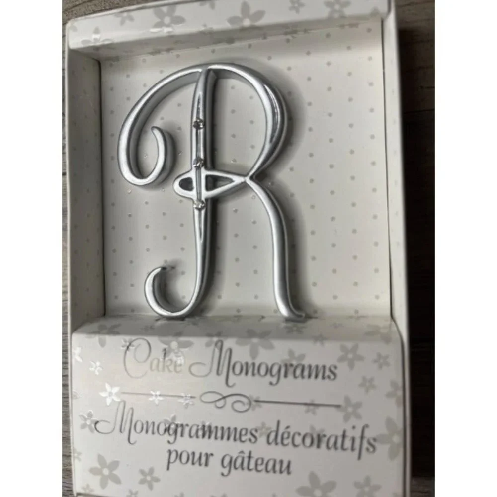 Wedding Small R Silver Finish Monogram Initial Rhinestones Cake Topper